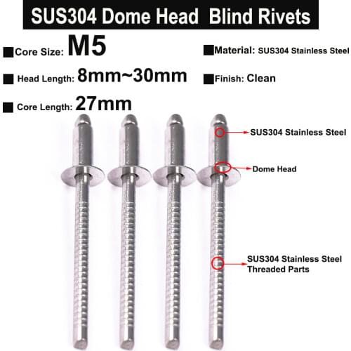 SUS304 Stainless Steel Round Head Pop Open Hollow Blind Rivets Bolt Dropper Self-plugging Rivet M5 Length 8-30mm