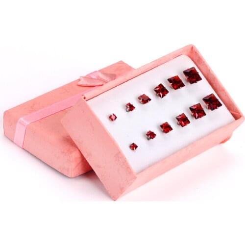 6 Pairs/Box Square Cubic Zirconia Earrings 316L Stainless Steel Colorful Push Back Stud Ladies/Girl Party Jewelry Wholesale