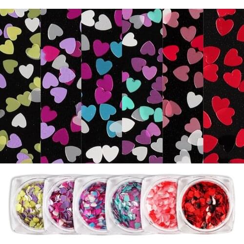 6Pcs 3MM Red Black Love Heart Shape Nail Glitter Flakes For Nail Art Decorations Lovely Mix Color Sequins Manicure Tips RK390093