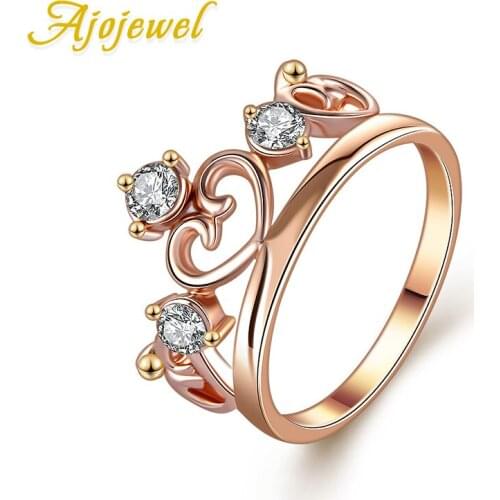 Ajojewel Trendy Princess Queen Crown Ring For Women Crystal Rhinestone Golden Rings Wedding Jewelry Gift