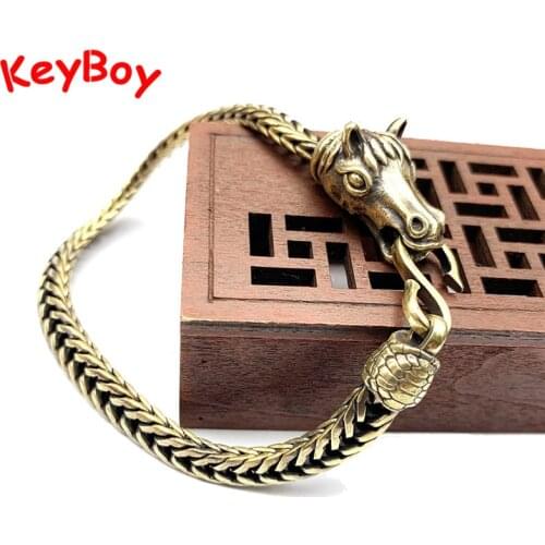 Zodiac Horse Pure Brass Hand Chain Bracelet Vintage Hip-Hop Men Bangle Wristband Handmade Copper Animal Head Punk Circle Jewelry