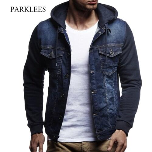 Hooded Denim Jacket Men 2018 Classic Blue Single-breasted Casual Jackets And Coats Mens Slimfit Patchwork Streetwear Veste Homme