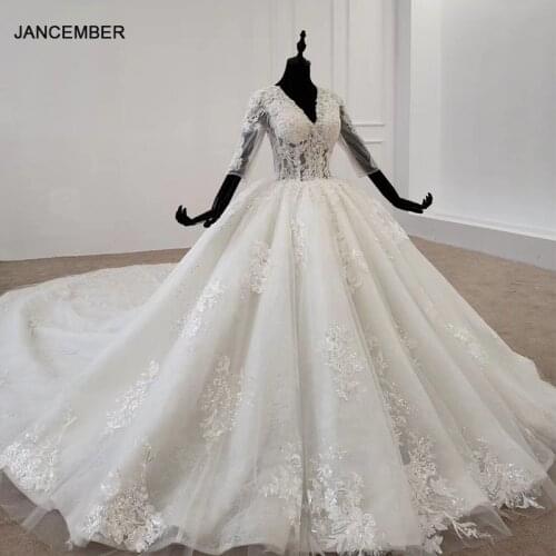 HTL1288 Wedding Dresses Illusion Back Half Zip Lace Bride Dress Sequin V Neck Applique Sleeve Ball Gown Свадебное Платье