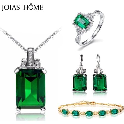 JoiasHome 925 Silver Jewelry Set for Women Emerald Ring Earrings Necklace Bracelet Gold Color Wedding Jewelry Stones Wholesale