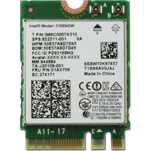 Card for lenovo 01ax706 Intel 3168 AC 3168NGW Dual band Wireless Mini Wlan NGFF M.2 802.11ac Wifi Bluetooth 4.2 Card 2.4G 5Ghz