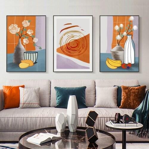 Orange Flower Canvas Painting Retro Fruit Vase Poster and Print Abstract Round Wall Art Picture for Living Room Restaurant Decor