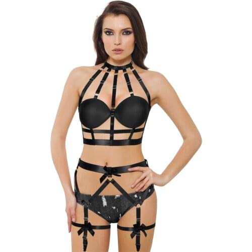 Women Harness Bondage 2pcs Set Chest Cage Bra Lingerie Leg Harness Bowknot Garter Belt Sexy Goth Stockings Costume Club Rave