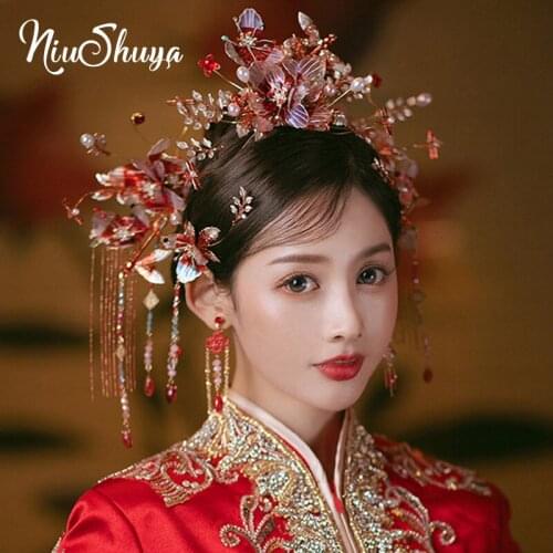 NiuShuya Retro Chinese Trendy Red Clear FLower Bridal Hairpins Headdress Beaded Tassel Wedding Party Jewelry Accessories