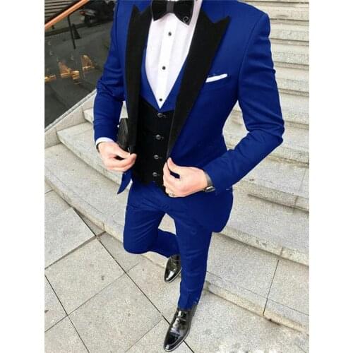 New Arrival Men Suits Royal Blue and Black Groom Tuxedos Peak Lapel Groomsmen 3 Pieces Set ( Jacket+Pants+Vest+Bow Tie ) D324