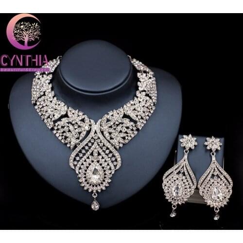New Luxury Big Flower Bridal Jewelry Sets For Brides Women Wedding Clear Crystal Necklace Earring Set Party Prom Accessories