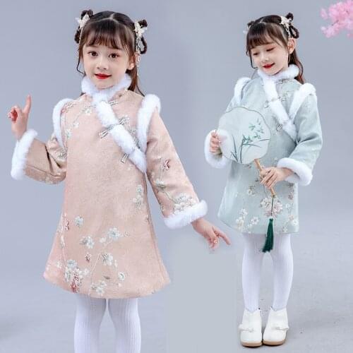 Girls Hanfu Cheongsam Dress winter Keep Warm Children Dress Kids Pink/Blue Christmas Dress Princess New Years Clothing