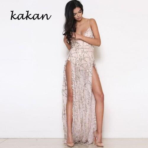 Kakan 2019 spring new sequin dress sexy halter black suspender sequin mopping dress split long dress