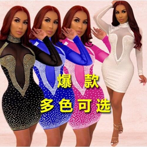 Perspective, Diamond Inlay Womens Hot Drill Sexy Mesh Nightclub Dress Chinese Fashion Dress Elegant Evening skirt Luxury 2020