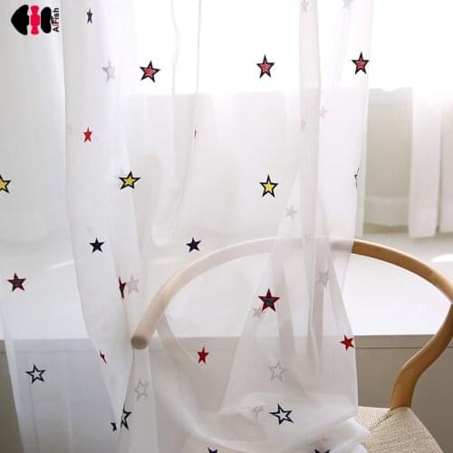 Colorful Star Embroidered Tulle Curtain For Living Room Girl Boy Translucent Organza Fabric Bay Window Treatment Drapes wp310C