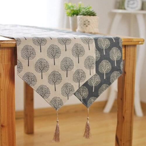 33cm*180/220cm Rustic Tree Pattern Table Runner Cotton Linen Tablecloths with Tassel Christmas Party Wedding Home Decor