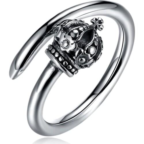 Retro 925 Sterling Silver Rings Lady Punk Fashion Ancient Silver Crown Rings for Women Men Party Jewelry Love Gift Open Rings
