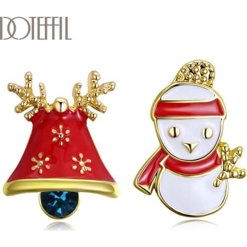 DOTEFFIL 925 Sterling Silver/18K Gold/Rose Gold Christmas Snowman Bell Earrings Charm Women Fashion Jewelry Wedding Party Gift