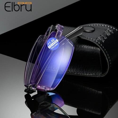 Elbru Foldable Anti Blue Light Reading Glasses Hyperopia Men Women Ultralight Frameless Presbyopic Glasses 1.0 to 4.0 With Box