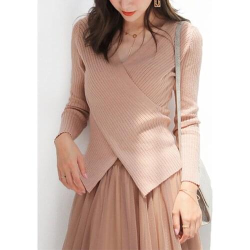 Female V Neck Slim Elasticity Crop Knitted Sweaters Long Sleeve Soft Jumpers Elegant Knitwear Women Korean Tops Spring Pullover