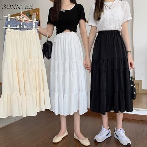 Skirts Women High Waist Solid Folds Mid-Calf Birthday Party Friends Simple All-match Daily Students Preppy Style Streetwear Ins