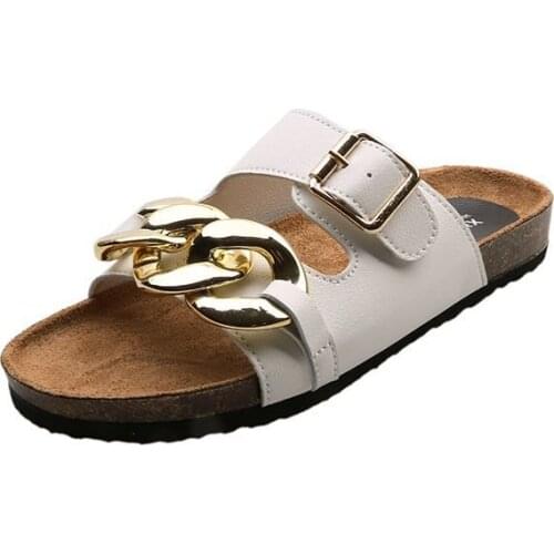 Womens Cork Slippers 2021 Summer New Metal Chain Flat Slippers Womens Belt Buckle One-word Sandals Casual Beach Shoes