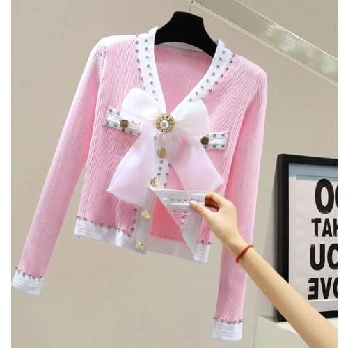 Chic Women V Neck Long Sleeve Diamond Bow Knitted Sweater Autumn Luxury Beading Striped Cardigan Pull Sweet Lady Knit Tops