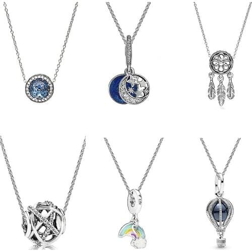 Original 925 Sterling Silver Pan Rainbow Balloon And Blue Star Pendant Necklace For Women Wedding Party Gift Fashion Jewelry