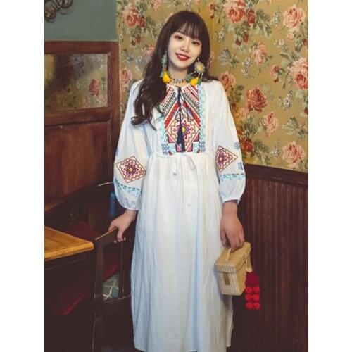 Summer New Korean Ins Womens Dress Retro Ethnic Romantic Su Lantern Sleeve Dress Bohemian Travel Holiday Cotton Linen Dress