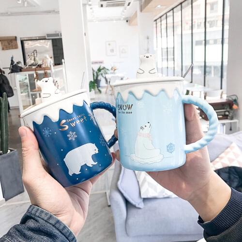 1 Set Christmas Ceramic Cup with Lid and Spoon Winter Cartoon Polar Bear Mug Student Glass Coffee Mugs Mugs Coffee Cups