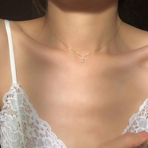 925 Sterling Silver French Small Square Diamond Pendant 14k Gold Necklace Women Simple Fashion Shiny Clavicle Chain Jewelry