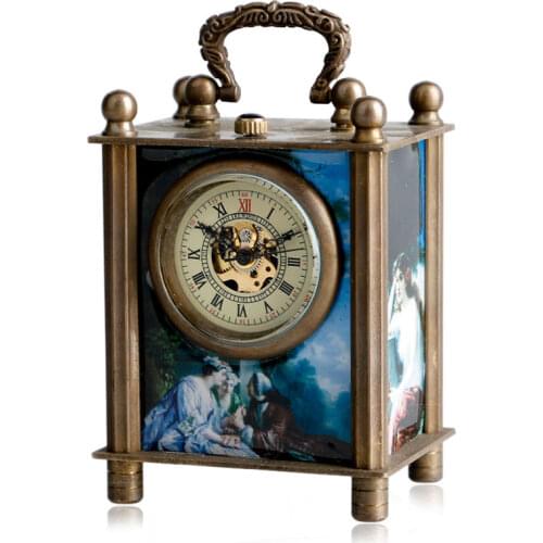 Antique Painted Carved Mechanical European Style Fashion Wind Up Hand Winding Desk Clocks Retro Trendy Women Gift Box