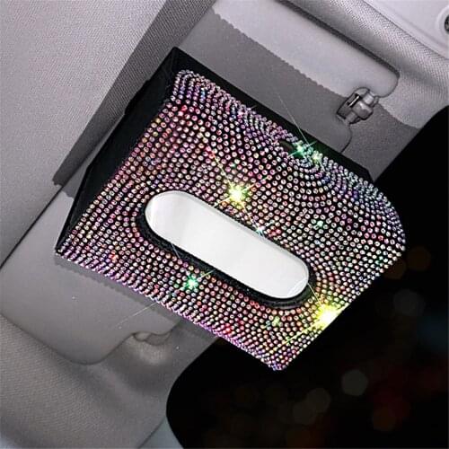 Car Tissue Box Bling Sun Visor Box Diamond Multifunction Tissue Paper Holder Crystal Case Block Type Napkin Mask Case For Women
