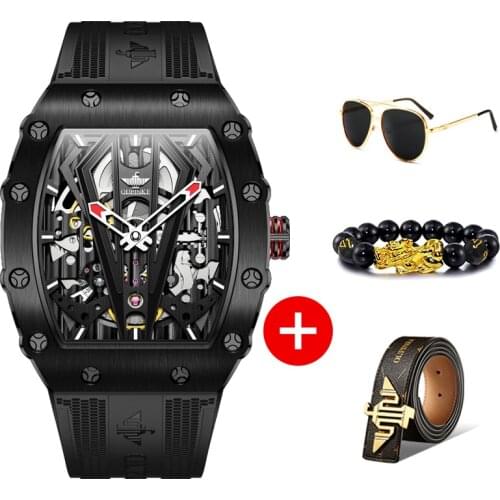 OUPINKE Mens Watches Luxury Brand Automatic Mechanical Wristwatch Fashion Skeleton Silicone Strap Sports Waterproof Watch Men