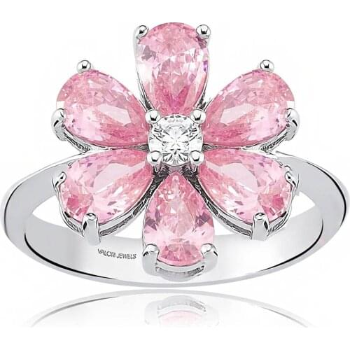 Valori Jewels 2 carat Zircon pink drop Stone, Don't Forget Me Flower Silver Ring SPYZ111-FP