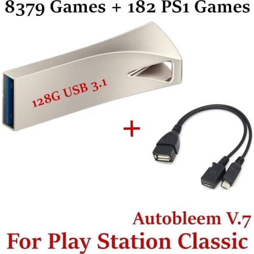 Plug & Play 128 GB Flash Drive U-Disk for PlayStation Classic 8379 Games + 182 PS1 Games 31 System With Micro USB OTG Cable