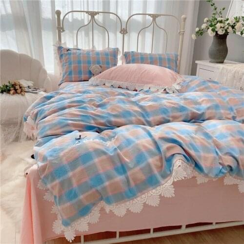 Cotton Quilt Cover Bedding Set Princess Girl Heart Lace Plaid Duvet Cover set Comforter Set Queen Size Washed Home Textile 4Pcs