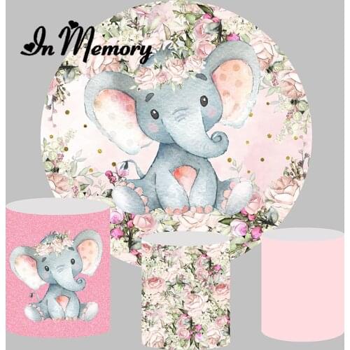 InMemory Round Backrop Cover Pink Flowers Elephant Girls Newborn Baby Shower 1st Birthday Party Circle Background Plinth Covers