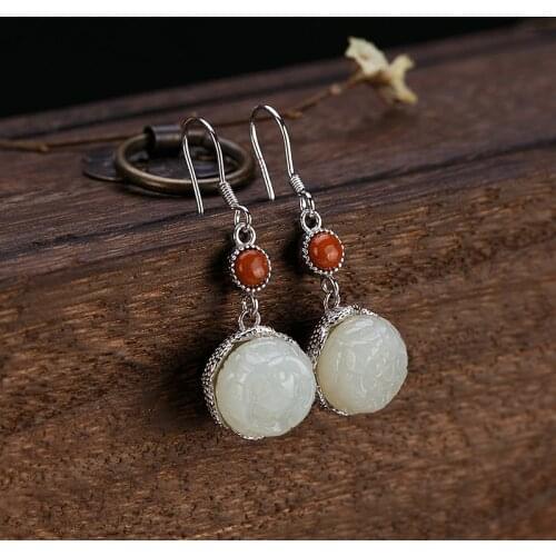 L&P Genuine 925 Sterling Silver Real Natural Jade Earrings Retro Elegant Engagement Jewelry For Women Gifts
