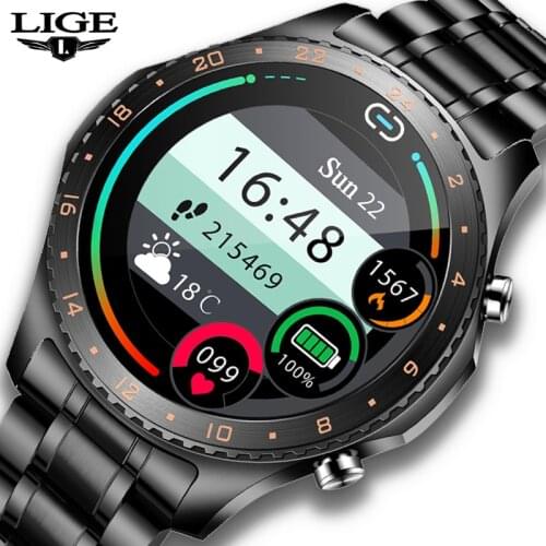 LIGE 2021 New Smart Watch Men Full Touch Screen Sport Fitness Watch IP67 Waterproof Bluetooth For Android Ios Smartwatch Men+Box
