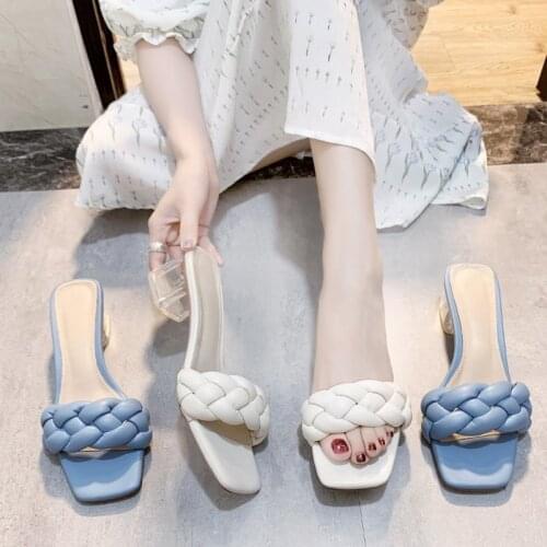 Soft Slippers Women Braided Open Toe Female Fashion Slipper Blue Handmade Mules Shoes Lady Slides Outdoor Chunky Slipper