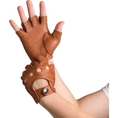 Men Top Quality Deerskin Genuine Leather Gloves Driving Cycling Outdoor Sports Half Finger Leather Gloves Soft Non-slip AGD014