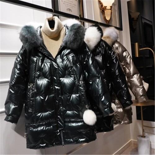 Down 2020 New Down Jacket For Womens Middle And Long Large Hairband Net Red Korean Patent Leather Bright Thick Coat 240