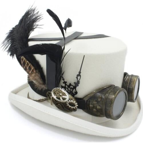 5Color 100% Wool Women Men Steampunk Top Hat With Handmade Glasses Gear Feather Fedora Cosplay Hat Top Steampunk Hat