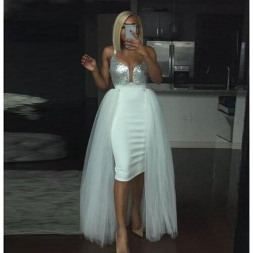 Unique White Short Prom Dresses With Detachable Overskirts Sexy Scoop Neckline Tulle Skirt Sequins Top Cocktail Party Dress