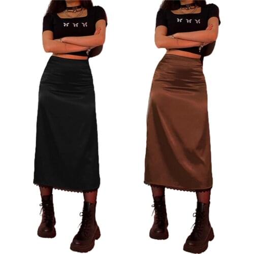 Women Fashion Lace Patchwork Satin Long Skirts Office Lady Vintage Casual Solid Straight Maxi Skirt Woman Spring Fall Clubwear