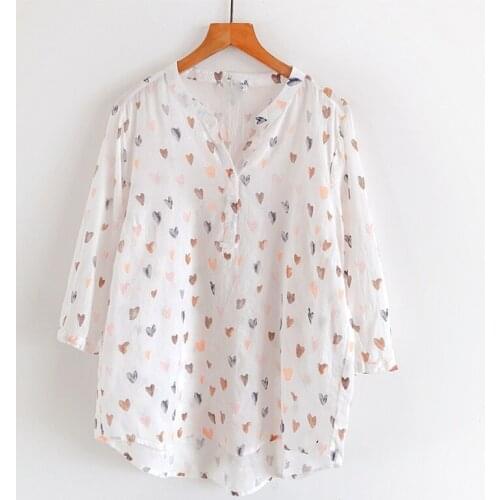 Heart Printed Cotton 100% Women White Shirts Summer Vintage Loose All Match V-Neck Casual Female Homewear Outwear Tops