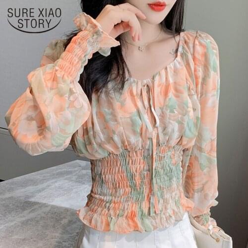 2020 Autumn Long Sleeve Print Chiffon Shirts Women Blouses Bow Square Collar Fashion Casual Women Tops and Blouses Blusas 10537