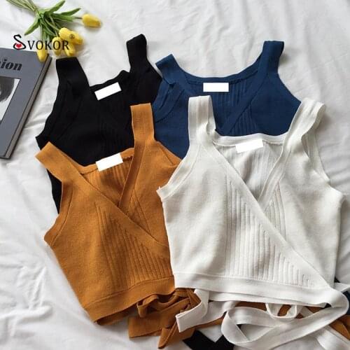 SVOKOR Lacing Tank Top Women Summer V-Neck Slim All-Match Pure Color Lace-Up Knit Camisole Short Top