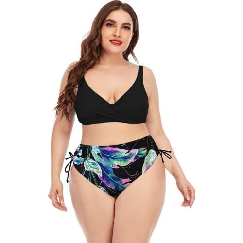 2021 New Plus Size Two-Piece Swimsuit for Women Sexy Solid-Color Top Floral Print Bottom Switch High Waist/Low waist Swimwear
