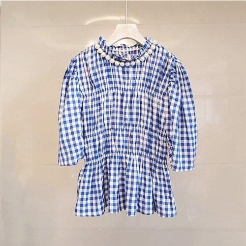 Fashion temperament Plaid top womens 2021 slim set bead pleated medium Sleeve Ruffle shirts 0421